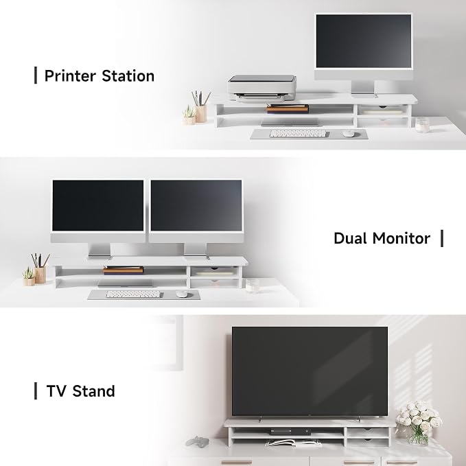 Fenge Monitor Stand, Desk Computer Riser with Frosted Storage Drawer, White | 42.5 Inch Dual Monitor Riser, 2 Tiers, Cable Management, Desk Shelf for 2 Monitors, Ultrawide Screen, Laptop, TV, Home Office - Image 8