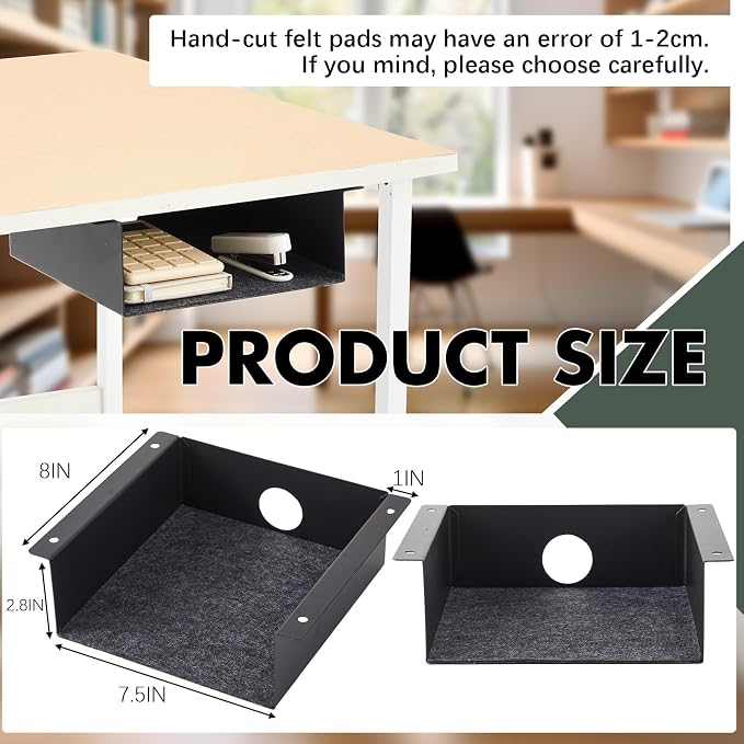 Yaocom 2 Pack Under Desk Hanging Shelf, Carbon Steel Storage Tray with Mute Felt Sheets, Mount Shelves Organizer for Office Home Workstation Gaming Desk Stand up(7.5x8x2.8 in/Storage Shelf,Black) - Image 2