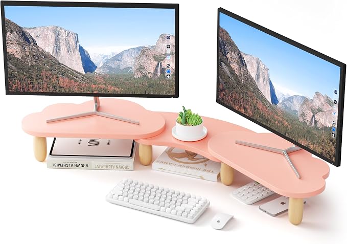 AFOOYO Dual Monitor Stand Riser, Adjustable Rainbow Cloud Desktop Organizer for 2 Monitors, Flexible Length & Angle Computer Stand for Laptop, PC, Printer, Home Office Use - Pink by AFOOYO