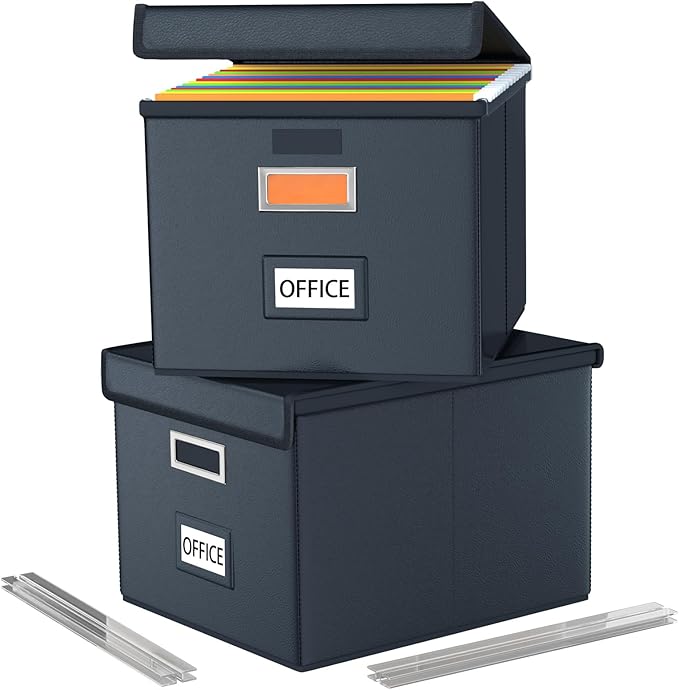 File Organizer Box with Lids, Collapsible File Folder Organizer | File Box with Plastic Slides for Document, Filing Bin for Letter Size Hanging File Folders (2 Pack, Black, Leather) by Huolewa