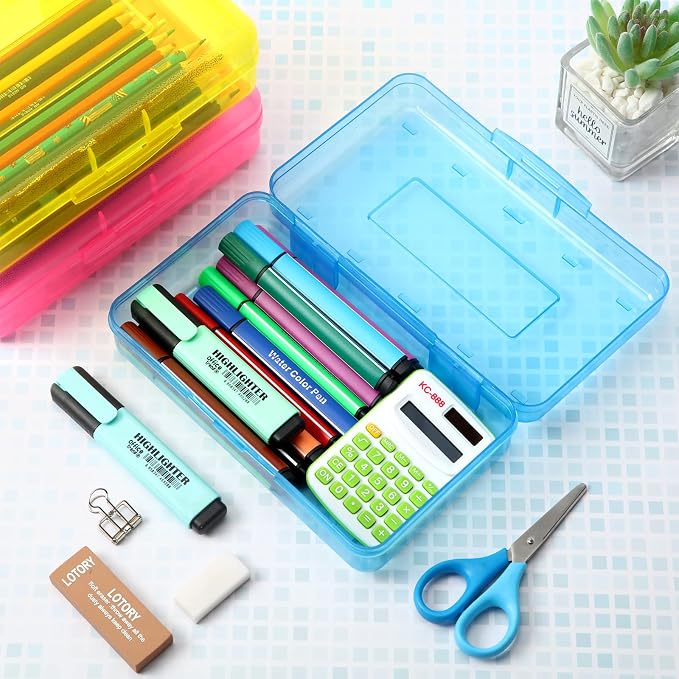 Leelosp 12 Pack Clear Pencil Boxes for School Bulk, Large Plastic Pencil Case with Lid, Stackable Hard Crayon Storage Box for Classroom Kids, Desk Drawer Organizer for Office Home(Pink Yellow Blue) - Image 4