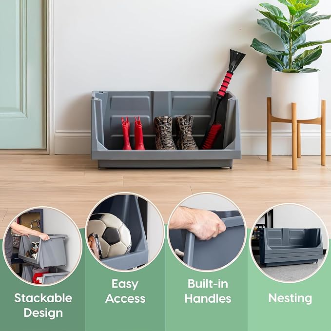 IRIS USA Open Front Storage Bins, Jumbo Stackable Storage Bins, 3 Pack | Heavy-duty interlocking bins provide open-front access for garage tools, hardware, sporting goods, and workshop storage. - Image 3
