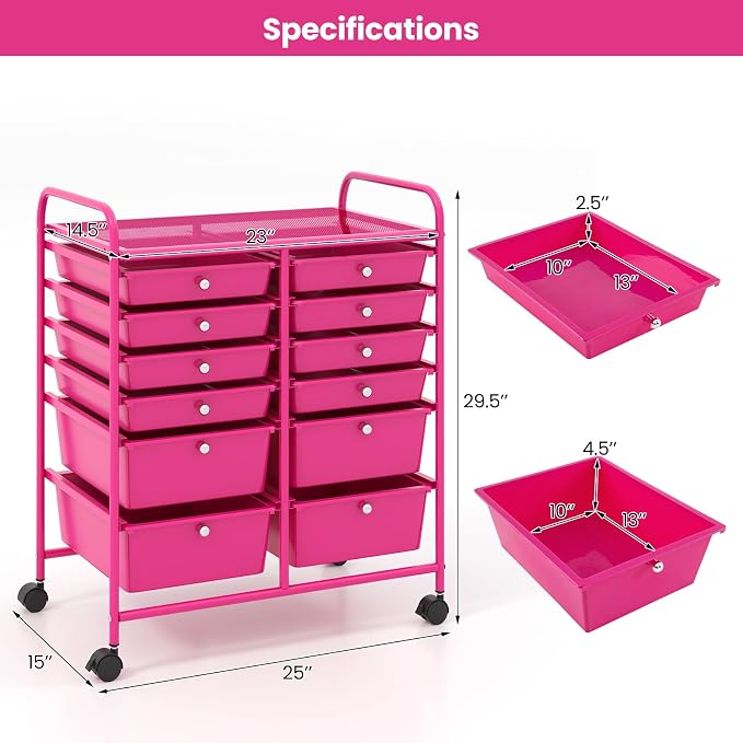 COSTWAY 12-Drawer Rolling Storage Cart, Moveable Art Craft Organizer | Lockable Wheels, Metal Shelf, Files Arrangement Tools Makeup Storage Cart for Office, Home, School (Hot Pink) - Image 3