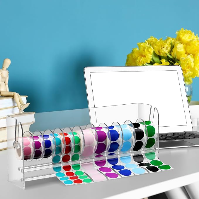 Qilery Adjustable Label Dispenser Acrylic Roll Sticker Dispenser Sticker Holder Organizer Label Stand for Holding Office Home Journal Business Use(12 Disks) - Image 5