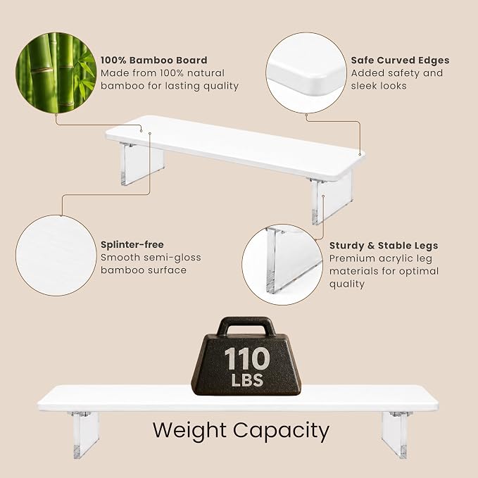 Bamboo Monitor Riser, Wide Desktop Monitor Stand for Desk with Clear Acrylic Legs, 31.5 x 8 inch Bamboo Wood Shelf, Fit Keyboard, Home Office Workspace Accessories, Study Stationaries Storage (White) - Image 4