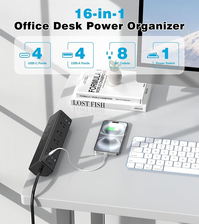 VILONG Desk Clamp Power Strip, Edge Mount, 8AC, 8USB (4 USB-C), 1200J | 40W Fast Charging Station, 10FT 14AWG Cord, Fits 1.9" Desk Edge, Home Office Workstation, Black, ETL Listed - Image 5