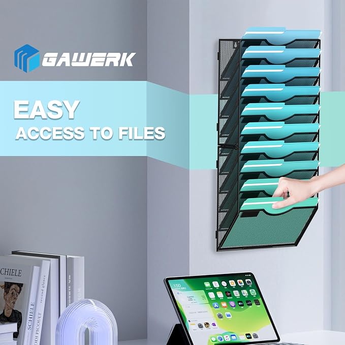 Gawerk 10-Tier Wall File Organizer Hanging Wall File Holder for Office | Wall Mount Paper Folder Organize, Mesh Magazine Document Mail Organizer Wall Organizer for Office School Home, Black - Image 6