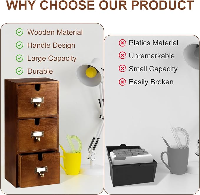 3 Tier Index Card Holder 3x5 Wooden Card Catalog Box with 3 Drawers Brown Index Card Storage Box Flash Card Holder 25 Index Card Dividers 2 Letter Smile Stickers for Office - Image 5