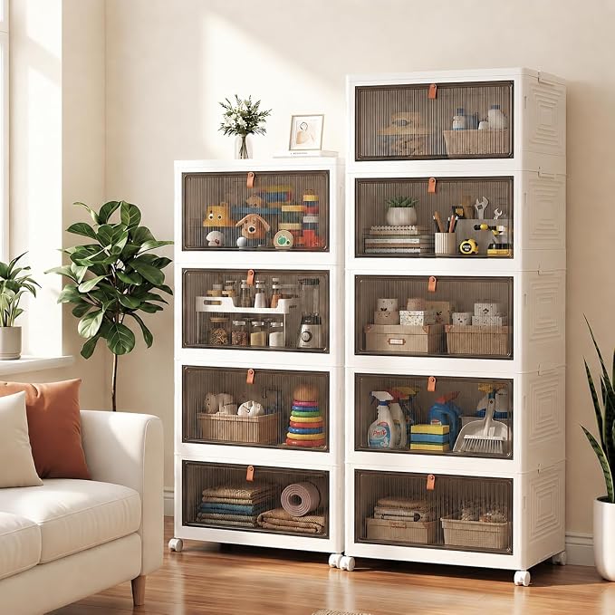 LDQ 170 Qt Large Storage Bins with Lids, 5 Tier Stackable Storage Cabinet with Wheels & Clear Doors, Foldable Plastic Closet Organizer for Bedroom, Bathroom & Kitchen - Image 7