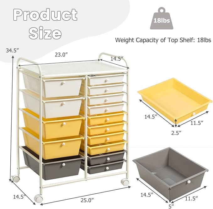 COSTWAY 15 Drawer Rolling Storage Cart, Mobile Storage Organizer | Removable Drawers & Metal Frame, Multipurpose Utility Tools Paper Organizer on Wheels for Home, Office (Yellow, Beige & Grey) - Image 3