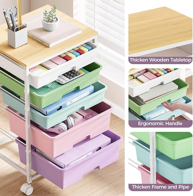 SYKIARIOL 5-Tier Rolling Cart with Drawers with Wooden Top, Ice Cream | Mobile Craft Storage Drawer Cart Trolley for Home Office, Classroom, Craft Room & Kid Room - Image 8