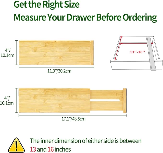 VaeFae 3 Pack Bamboo Drawer Dividers, 4" High Adjustable 11.9-17.1" Clothes Drawer Organizers, Expandable Separators for Bedroom/Bathroom/Kitchen/Office Storage - Image 3