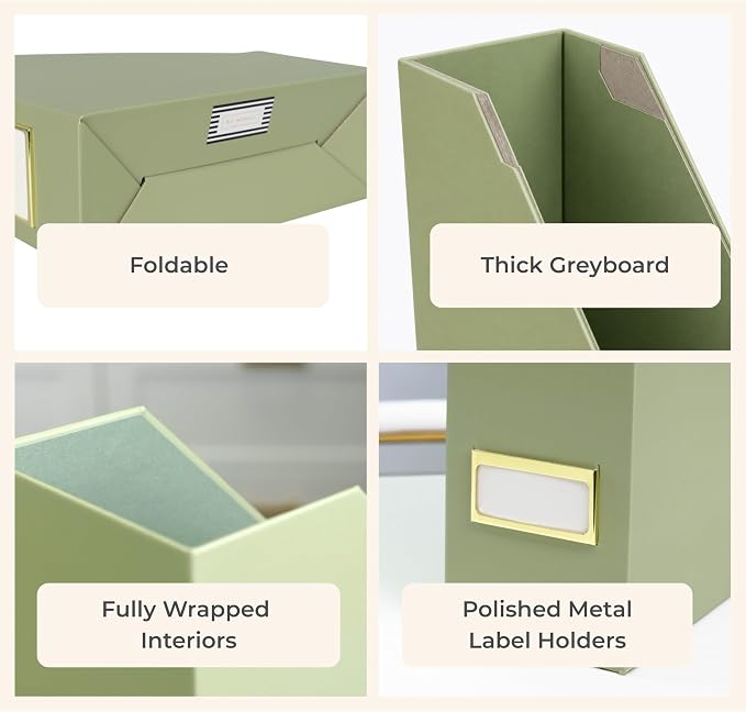 BLU MONACO | Set of 6 Foldable Magazine File Holders in Earth Green | Heavy-Duty Vertical File Organizers with Label Holders | Desk Organizer Set for Paperwork, Documents & Office Storage - Image 6