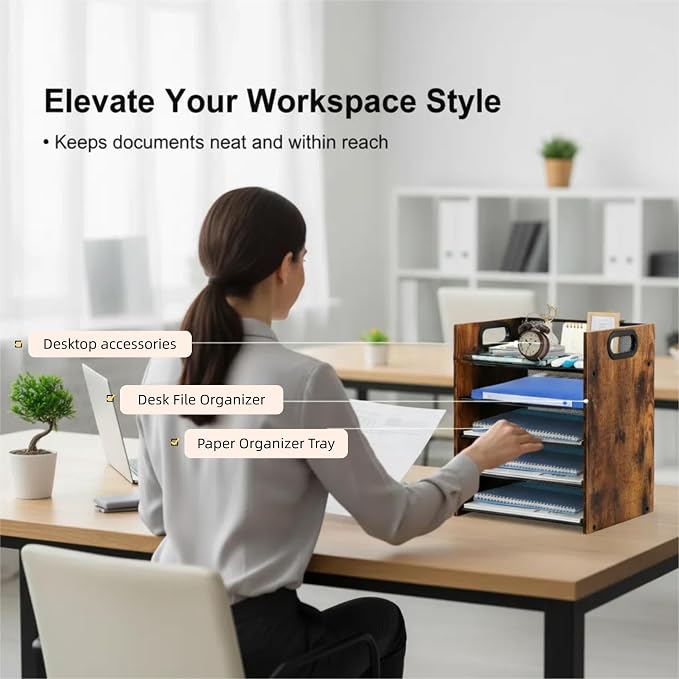 Desk Organizer - 5-Tier Desktop File Organizer, Wooden Paper Tray Organizer, Office Desk Organzier and Accessories for Papers, Mail, Notebooks, Stationery - Image 2