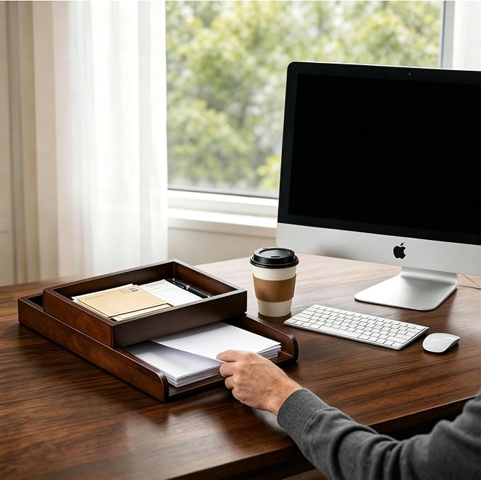 Wood 2-Tier Letter Tray, Stackable Detachable Paper Tray Desk Organizer | Detachable A4 File Holder, No-Assembly Desk Mail Sorter, Walnut Color Wood, Home Office Storage, Letter Paper Tray - Image 3
