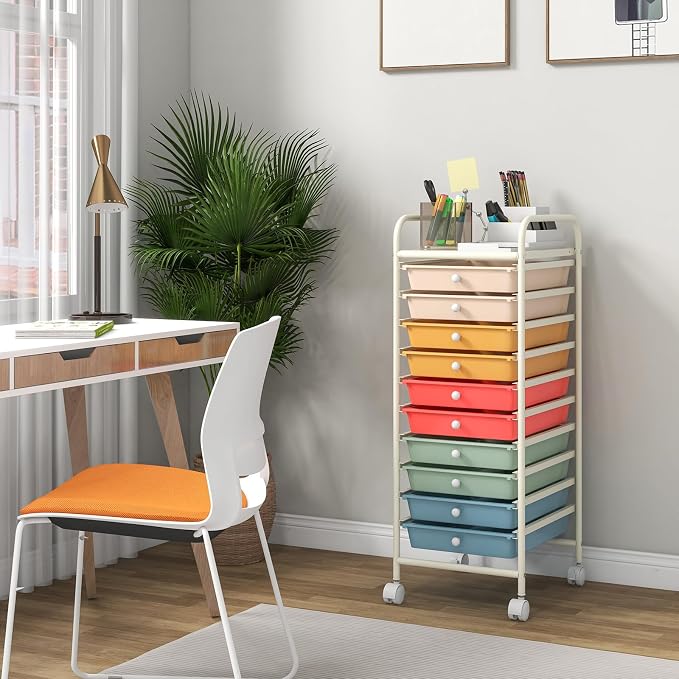 Giantex 10-Drawer Rolling Storage Cart w/Wheels, Handle, Removable Drawers, Mobile Organizer Storage Unit, Trolley Utility Cart for Home Kitchen Makeup Living Room Office Play Room - Image 2