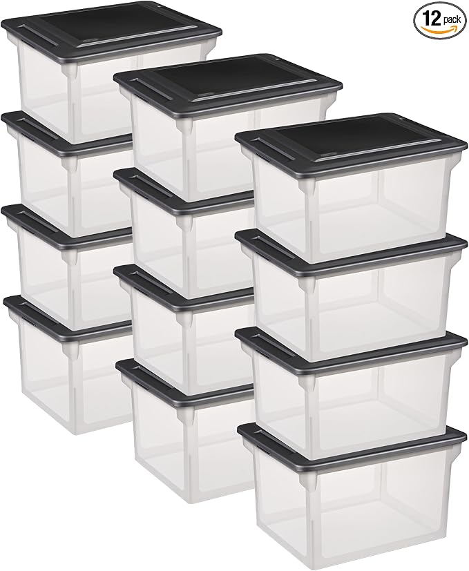 Sterilite File Box Tote with Lids for Letter and Legal Folders, 12-Pack | Stackable Plastic Document Storage and Paper Organizer for Home, Office, Desk, and Dorm Organization by Sterilite