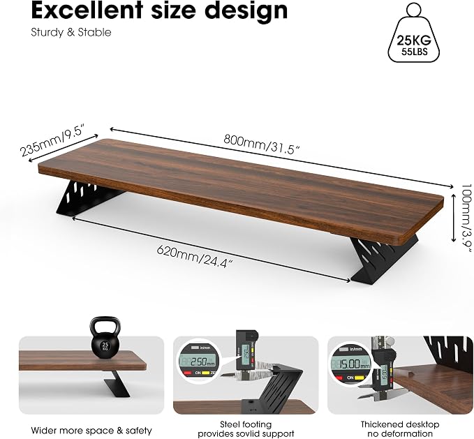 Fenge Monitor Stand Riser, Wooden & Metal Desk Shelf Organizer, Brown | 31.5in Computer Stand, Single Monitor Setup, for Compact Work Station, Multifunctional Monitor Shelf for Laptop, PC, Printer - Image 5