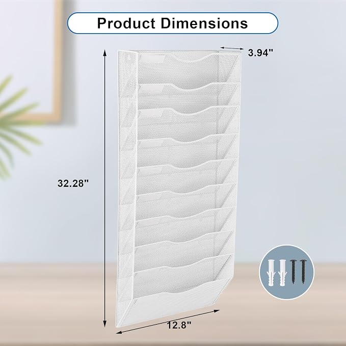 10 Pocket Mesh Hanging Wall File Organizer, Wall Mounted Mail Paper Document Folder Holder, Clipboard Storage Organization Magazine Rack with Nametag Label for Office Home School, White - Image 2
