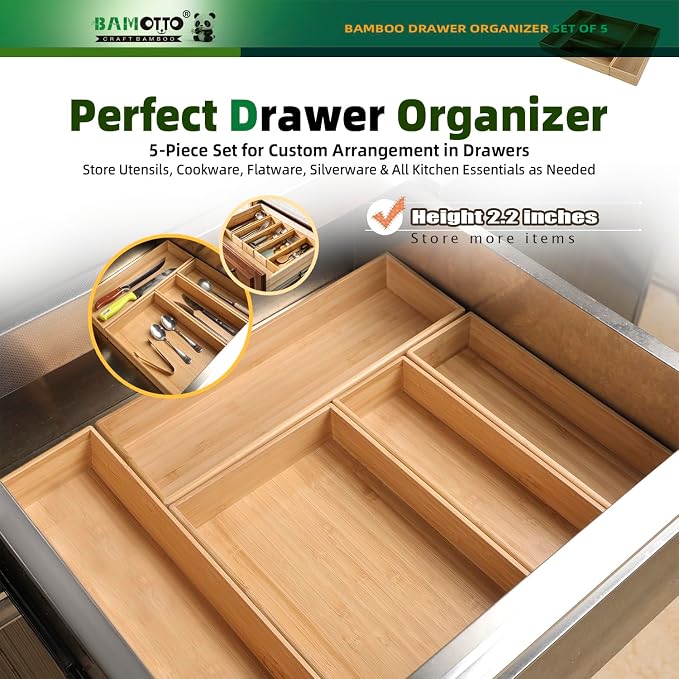 BAMOTTO CRAFTBAMBOO Stackable Bamboo Drawer Organizer Set of 5 for Kitchen | Utensil Cutlery Tray | Flatware & Silverware Organizer | Office & Bathroom | 13.4"×4.5"(×2) / 10.2"×3.3"(×2) / 10.2"×6.7" - Image 4