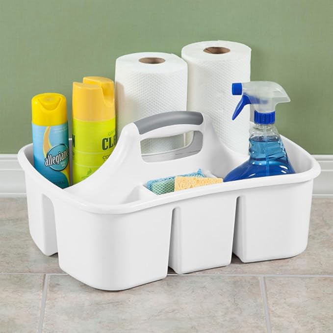 Sterilite Divided Ultra Caddy, Plastic, Portable Storage to Hold Bathroom and Cleaning Supplies, 5 Large Compartments and Handle, White, 12-Pack - Image 4