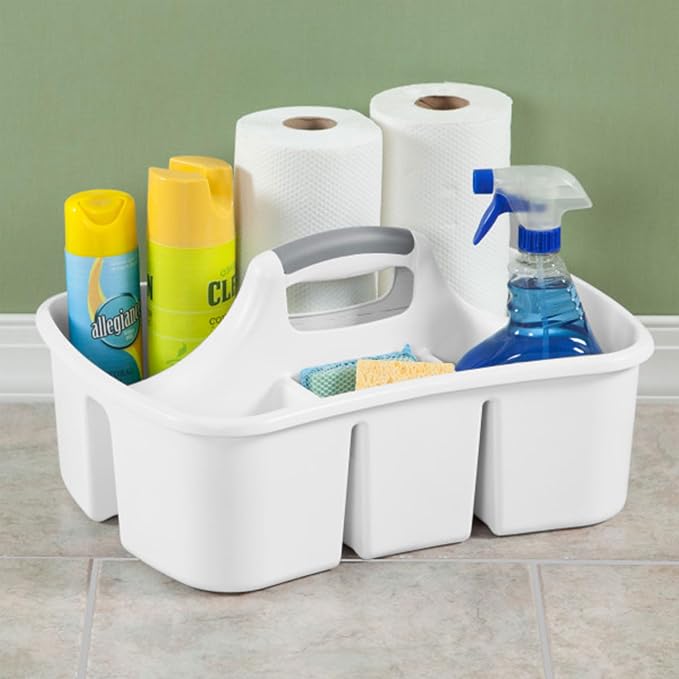 Sterilite Divided Ultra Caddy Storage Organizer for Bathroom, White, 4-Pack | Large Organization Holders and Stackable Plastic Containers for Toilet, Sink, Laundry, and Kitchen Cleaning Supplies - Image 5