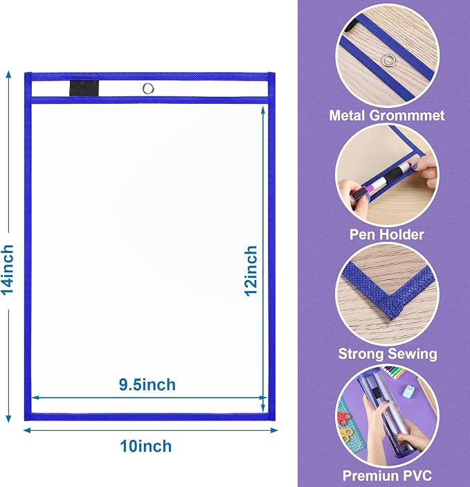 Nezyo Dry Erase Pockets Plastic Job Ticket Holders Shop Holder Order Pockets Clear Sleeves Tickets Folders Plastic Sleeves Paper Teacher Supplies for Classroom(14 x 10 in,Blue,50 Pcs) - Image 2