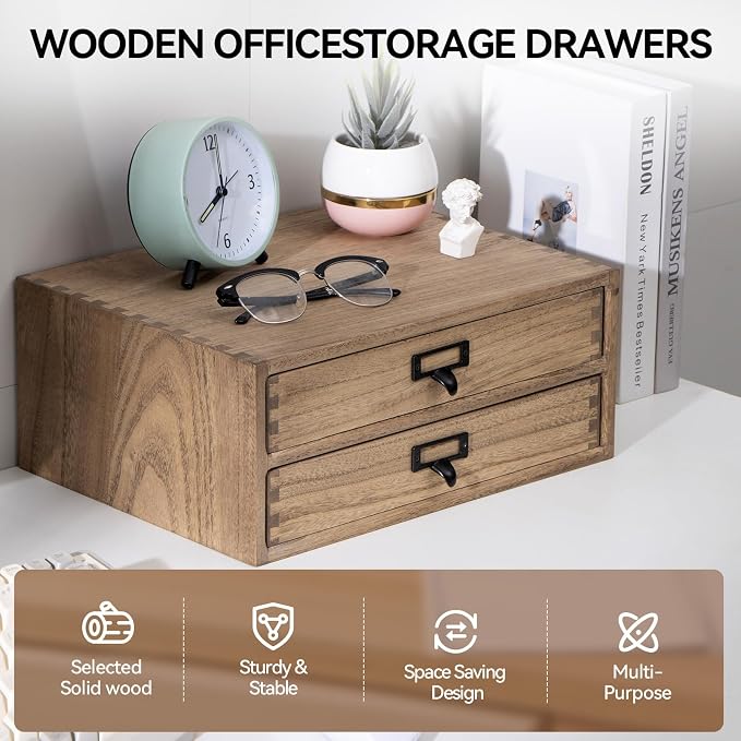 KIRIGEN Solid Wood Desk Organizer with 2 Drawers, Desktop Storage, Brown | 2-Drawer Cabinet for Printer Paper, Mail, Notebooks, and Office Supplies, 13.78 x 10.6 x 5.9 In, Fully Assembled - Image 3