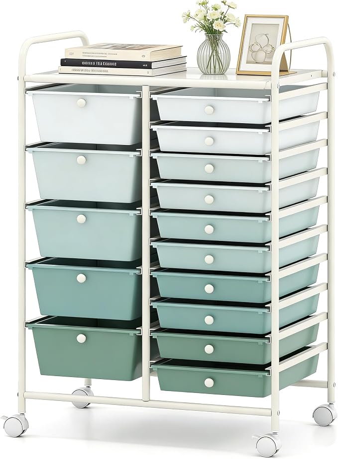 COSTWAY 15 Drawer Rolling Storage Cart, Mobile Storage Organizer | Removable Drawers & Metal Frame, Multipurpose Utility Tools Paper Organizer on Wheels for Home, Office (Green Gradient) by COSTWAY