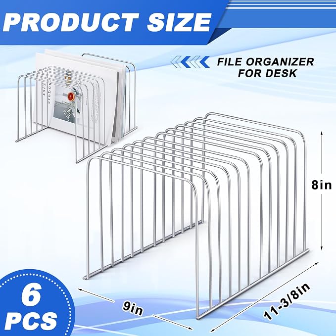 6 Pcs Desktop Organizer 11 Sections Wire Desk File Organizer Vertical Metal Stand up File Stand for Office School Desk Home, 11.2 x 9 x 8 Inches(Silver) - Image 2