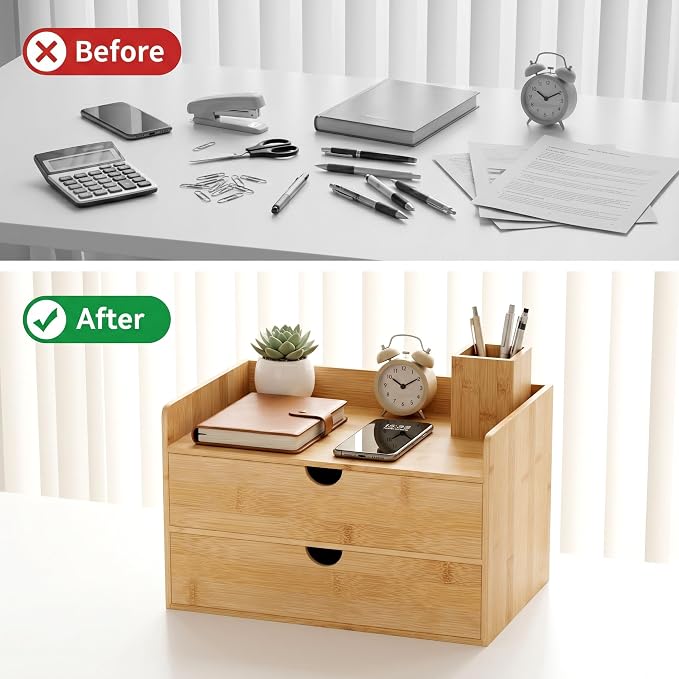 Bamboo Desk Organizer with Drawers, Desktop Storage for Office Supplies | 2 Drawers Desktop organizer, No Assembly Required, Natural Wood Wooden Desktop Drawers Box for Bills, Cosmetics, Seals, Paper - Image 7