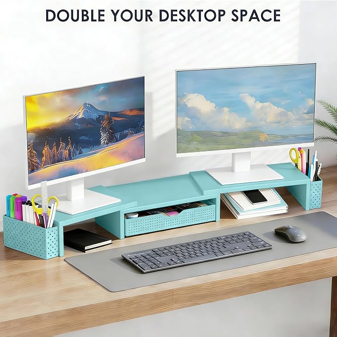 Spacrea Metal Desk Organizers and Accessories, Dual Monitor Stand Riser with Drawer and 2 Pen Holders, Desk Accessories & Workspace Desktop Organizers for Office Supplies (Blue) - Image 4