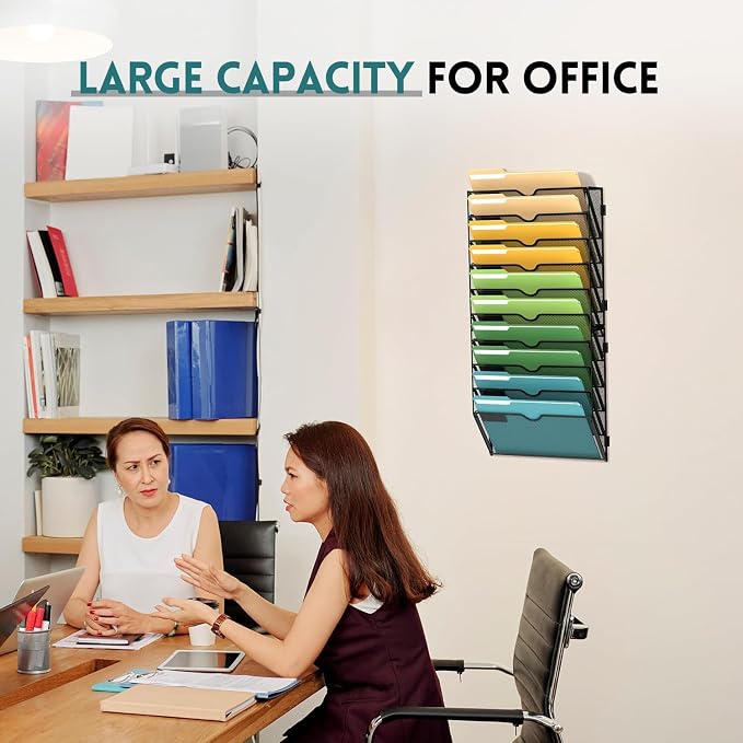 10 Tier Wall File Organizer, Hanging Wall Mounted Mail Organizer with Label Slots, Metal Mesh File Holder Magazine Rack for Office, Home, School or Classroom, Black - Image 6