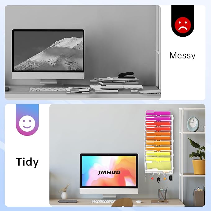11-Tier Wall File Organizer with Base and Hooks, Hanging Organizer, White | Wall Organizer and Wall File Holder with 11 Vertical Pockets and Bottom Tray for Files, Mail, Folders, Magazines and Paper - Image 4