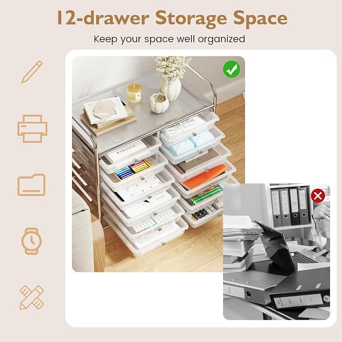 GOFLAME 12-Drawer Rolling Storage Cart, Multifunctional Art Craft Organizer Cart, Mobile Utility Storage Cart with Removable Drawers & Lockable Wheels, Craft Cart for Home Office School, Clear - Image 5