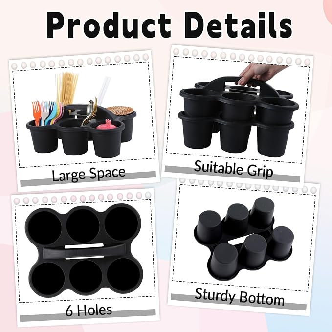 6 Pack Classroom Caddy with Handle Plastic Storage Caddy Organizer with 6 Compartments Drink Cup Caddies Holder Portable Storage Bin for Pencil, Crayon, Marker, Home, Office, School Supplies(Black) - Image 3