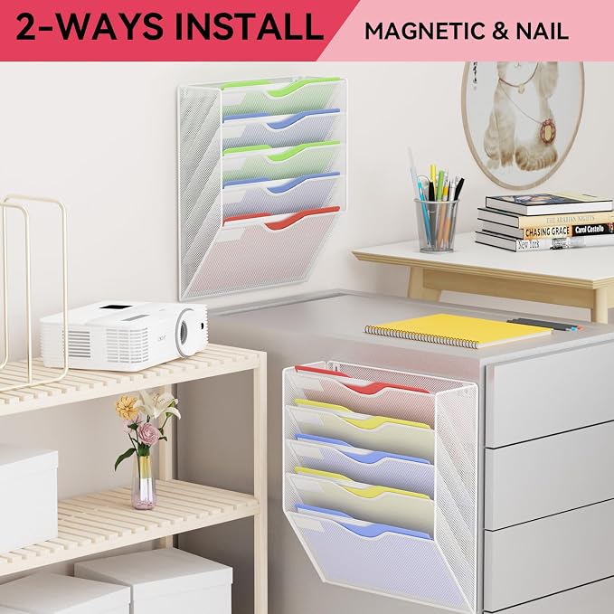 5-Tier Magnetic File Holder, No Drilling Wall File Organizer, File Folder Bins, Mail & Magazine Rack, Magnetic Paper Document Holder for Refrigerator File Cabinets Whiteboard, White - Image 7