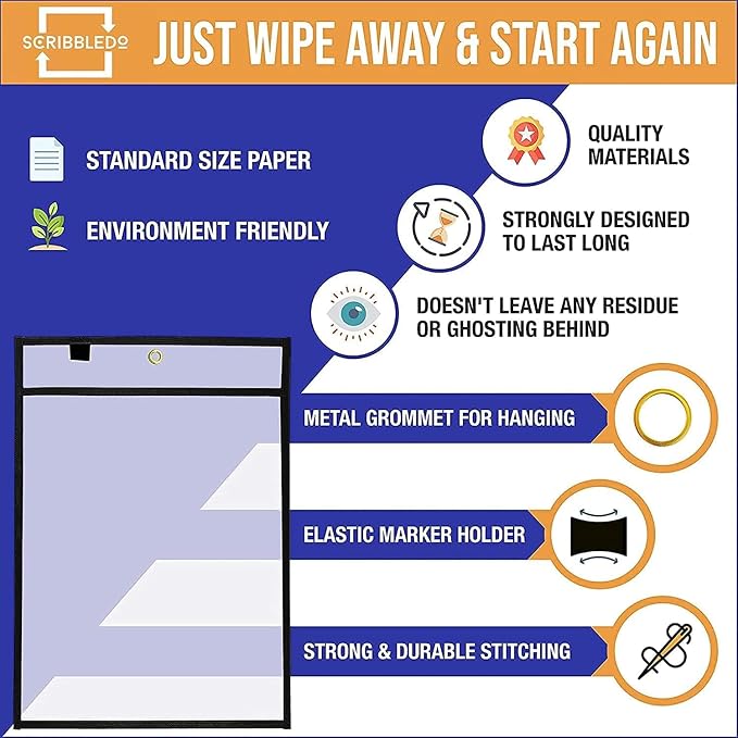 SCRIBBLEDO Dry Erase Pocket Sleeves, Job Ticket Holders with Rings 50 Pc | Oversized Reusable Heavy Duty, 10x14” Budget Friendly Bulk Sheet Protectors, Durable PET Vinyl, Easy to Clean No Residuals - Image 9