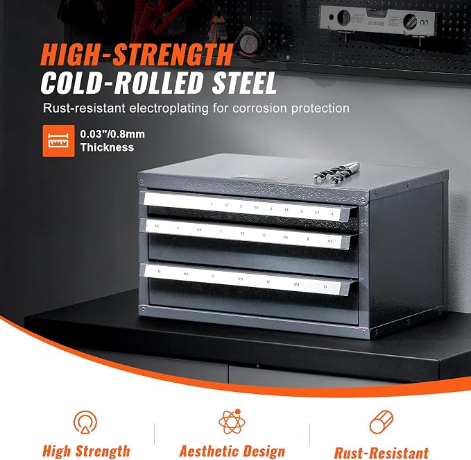 VEVOR Drill Bit Organizer - Three-Drawer Steel Cabinet for 1mm to 13mm, Labels, Stackable - Image 5