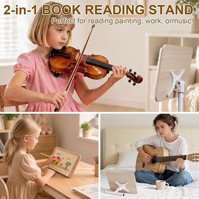 2 in 1 Dual-use Music Stand & Desktop Book Stand, Adjustable Height 16.5"-51", 100% Solid Wood Laptop Floor Stand Book Holder with Elastic Page Clips for Cookbooks (White with Tray and Wheels) - Image 2