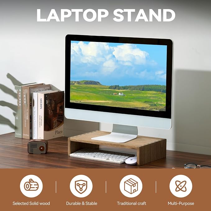 KIRIGEN Wood Monitor Stand Riser for Desk, 15.39 Inch, Brown 39-DBR | Solid Wood Desktop Shelf with Storage Space for Home Office Monitor, Printer, Computer Fully Assembled - Image 2