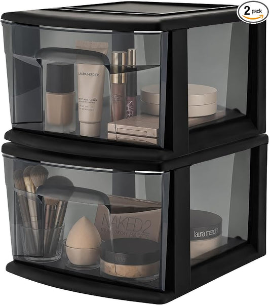 HOMZ 1 Drawer Storage Cart, Medium Plastic Container, Black Frame, 2 Pack | 14.25" Wide Medium Tote with 1 Smoke Tint Drawer for Organizing Bathrooms, Bedrooms, Home Offices, Closets, and Dorm Rooms by Homz