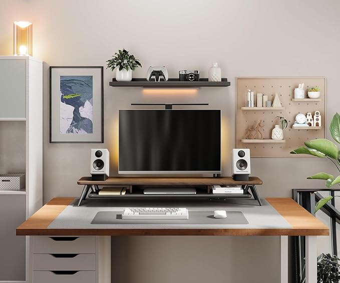 Fenge Dual Monitor Stand Riser, Wooden Desk Shelf with 2-Tier Storage | 42.5-Inch Wide, Sturdy Aluminum Legs, Built-In Phone & Tablet Slot, Desktop Organizer for Office Accessories - Image 2
