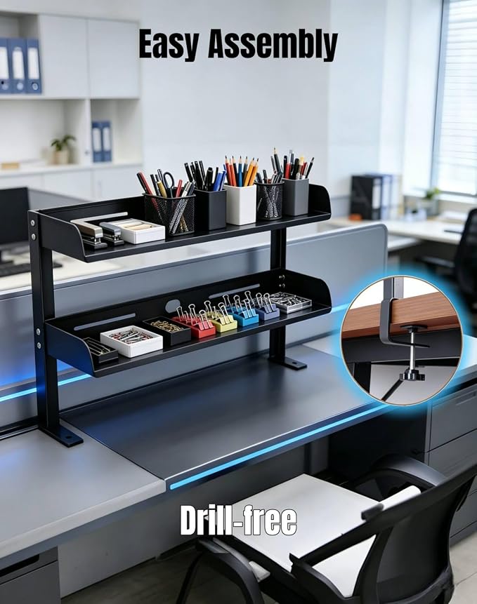 Yuxh Desk Clamp Shelf 15 Inch, Black | Space-saving, clip on or under shelf for panel tabletop, office, study room & gaming setup, easy drill-free assembly - Image 3