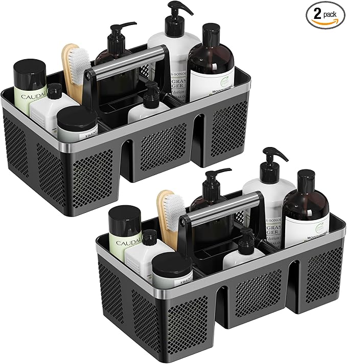 BYUNER 2Pack Plastic Shower Caddy: Portable Hard Bathroom Basket Tote with Handle, 4 Divided Compartments, All-Side Drainage, Non-Mesh Shower & Cleaning Caddy Organizer for College Dorm, Black/Silver by MakesYourHomeMoreOrganized