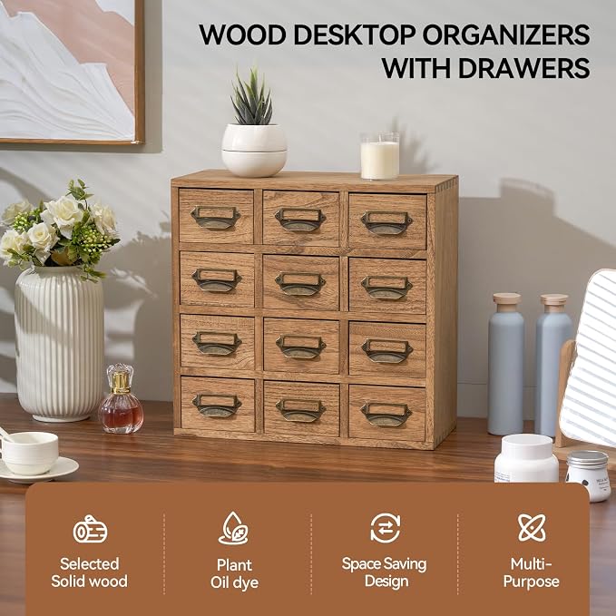 KIRIGEN Wooden Storage Cabinet, 12-Drawer Desktop Organizer, Brown 12CG-DBR | 12 Mini Drawers with Metal Label Holder Pulls for Cards, Crafts, Tea Bags, Jewelry, Office Supplies, and Small Parts - Image 4