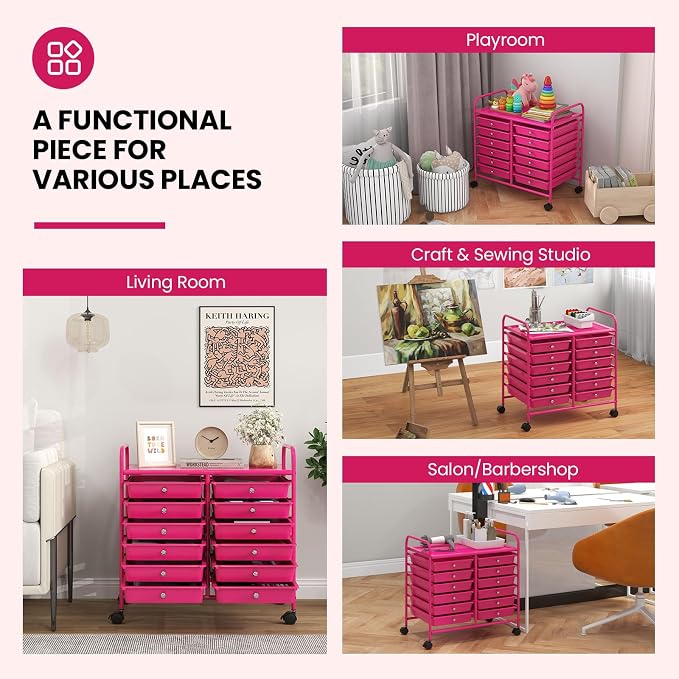 Giantex 12 Drawers Rolling Cart, Mobile Storage Drawer Cart, Classroom Organizer Cart for Office School Supplies Tools Scrapbook Paper Craft Small Printer, Utility Cart on Wheels, Hot Pink - Image 5