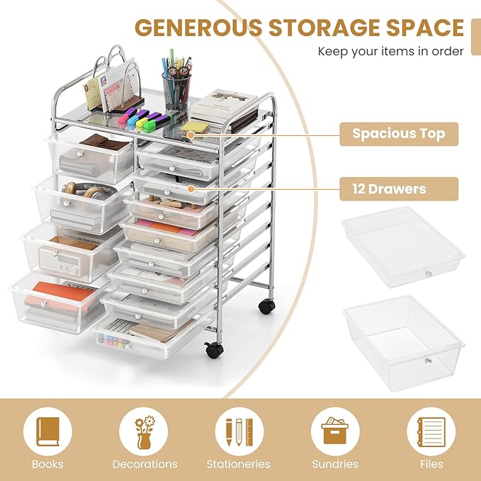 COSTWAY 12 Drawer Rolling Storage Cart, Utility Cart with Metal Frame | Mobile Art Supply Craft Organizer, Multipurpose Storage Organizer for Paper, Office, School Teacher, Classroom, Transparent - Image 5