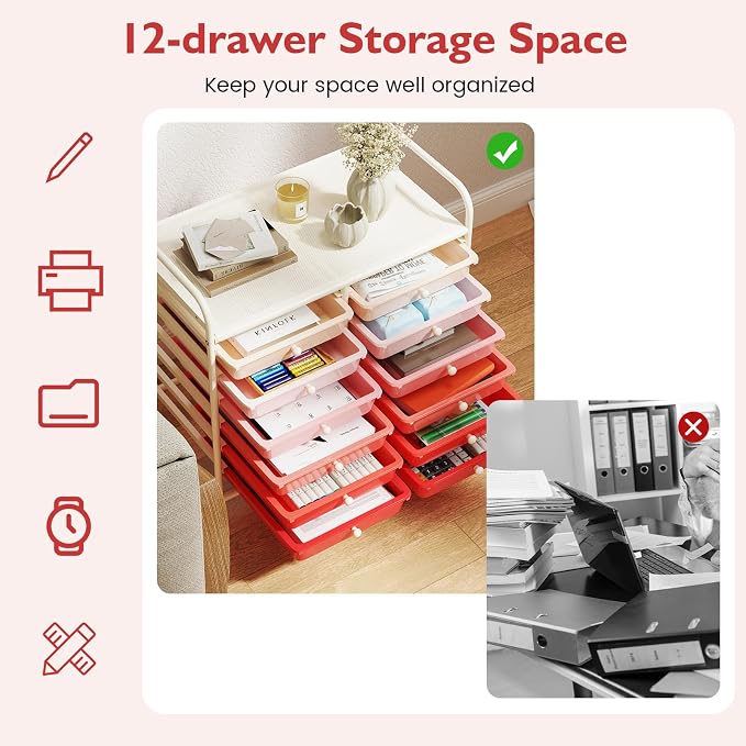 GOFLAME 12-Drawer Rolling Storage Cart, Multifunctional Art Craft Organizer Cart, Mobile Utility Storage Cart with Removable Drawers & Lockable Wheels, Craft Cart for Home Office School, Pink Gradient - Image 5