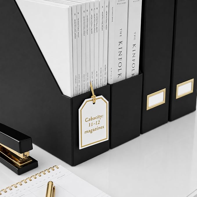 BLU MONACO | Cardboard Magazine File Holder Set of 6 Black | Vertical Magazine File Holder with Gold Label Slots | Standing File Holder and Cardboard Bins for Shelves Desk Storage - Image 6